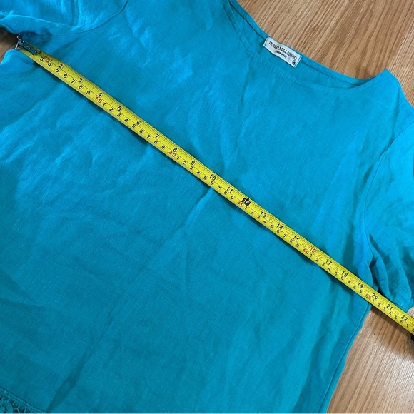 100% linen Italian made size medium turquoise short sleeve scallop lace blouse - Picture 5 of 7